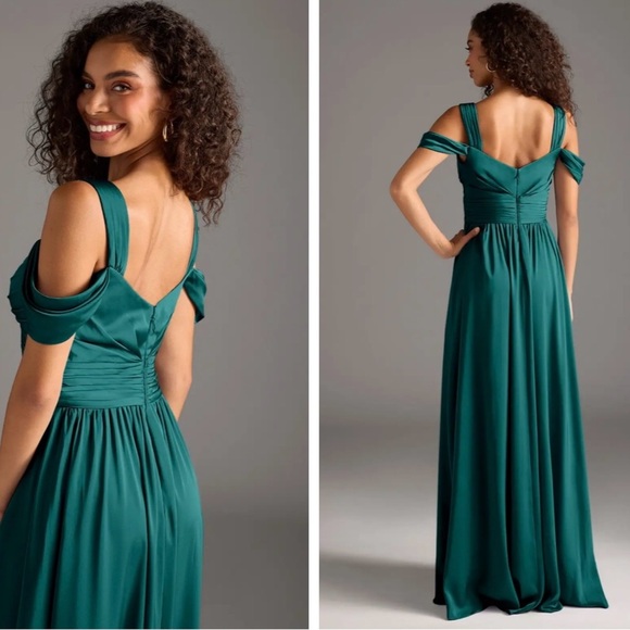 Azazie Peacock A-Line Off the Shoulder Stretch Satin Dress Size Large‎ - Picture 2 of 9